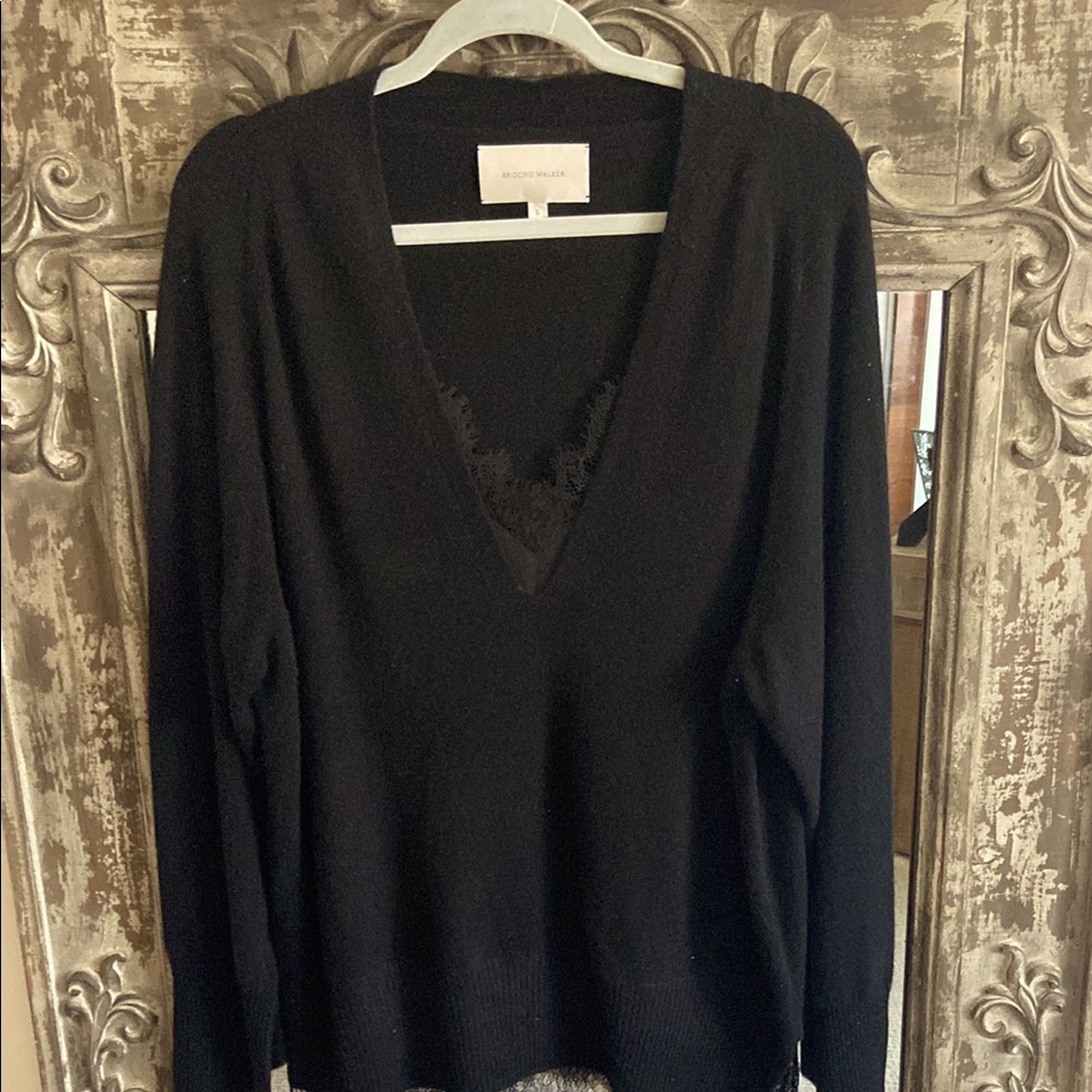 Brochu Walker Black Lace V-Neck Sweater cashmere Knit Long Sleeve